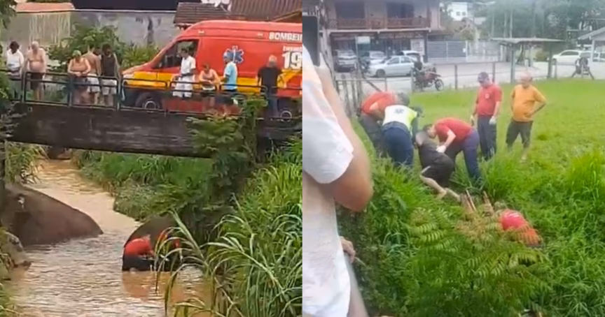 Homem cai com triciclo elétrico em ribeirão de Brusque. Corpo de Bombeiros faz resgate do homem.