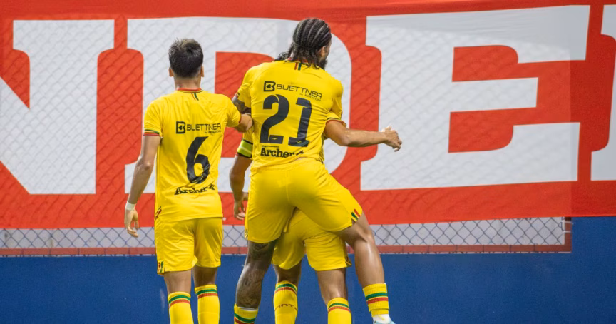 Jogadores do Brusque comemoram gol na Arena Simon